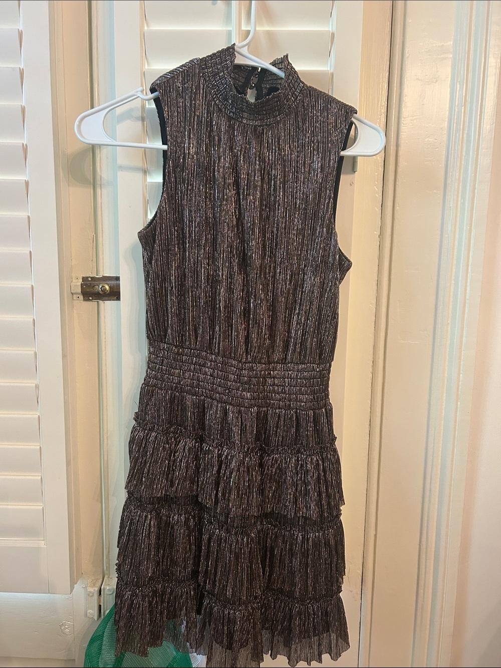 1. State Metallic Black Sleeveless Tiered Ruffle Mini Dress